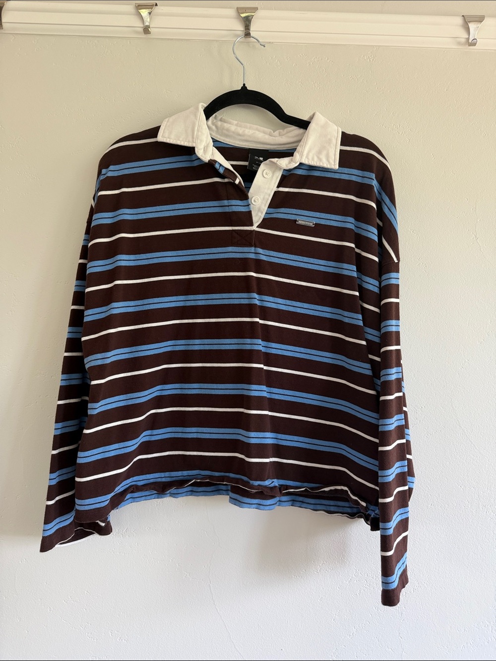 P.E Nation Brown, Blue & White Striped Long-Sleeve Rugby Polo